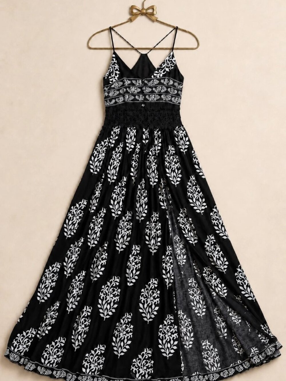 Fashion Nova Navy White Boho Floral Crochet Maxi Dress XS